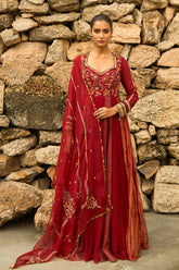 Deep red georgette multikali anarkali set